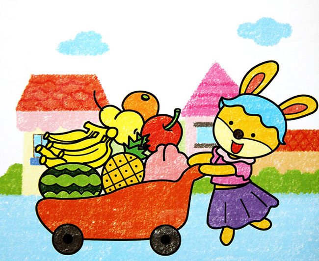 儿童绘画作品小兔子的水果车