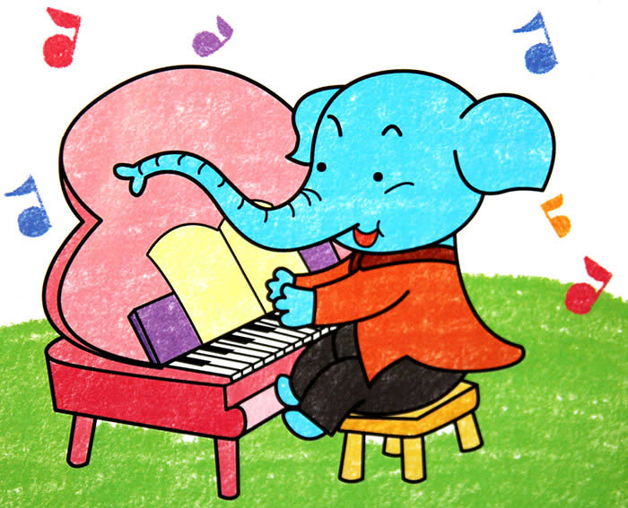 儿童绘画作品大象钢琴师