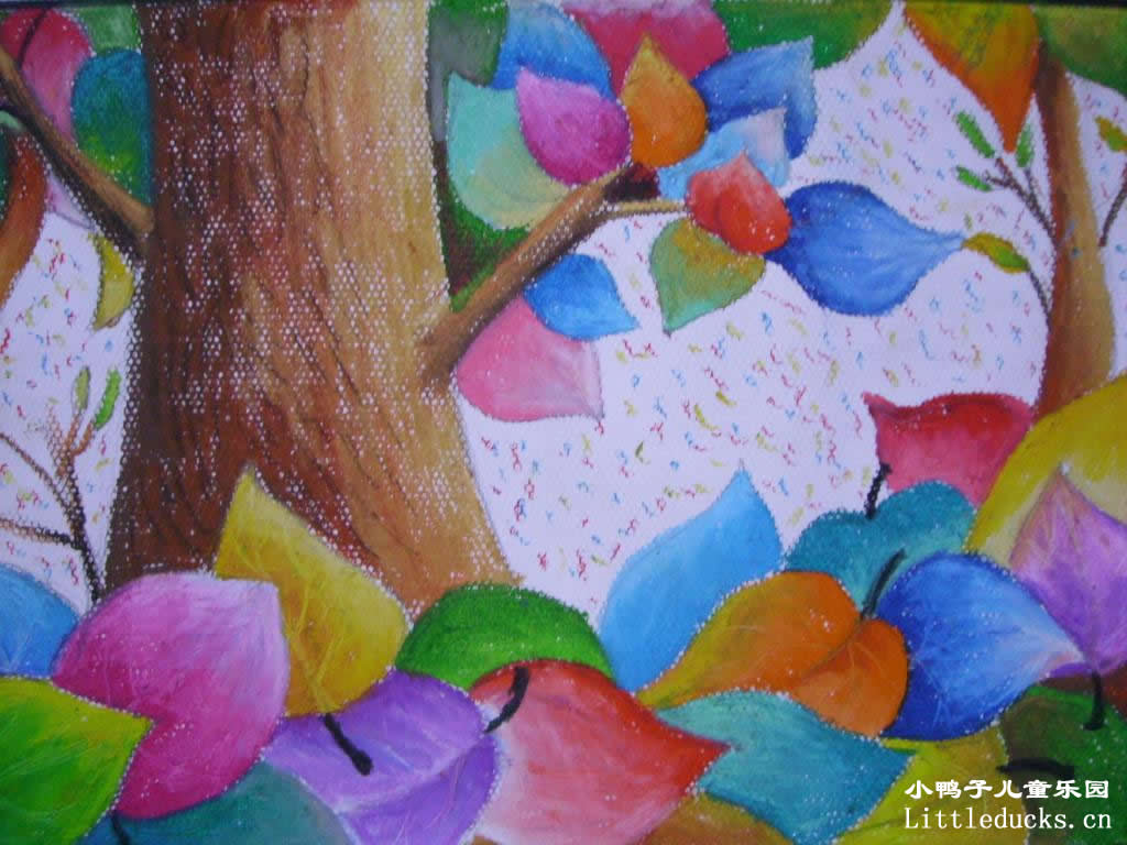 小学生绘画作品:水粉画五彩树叶