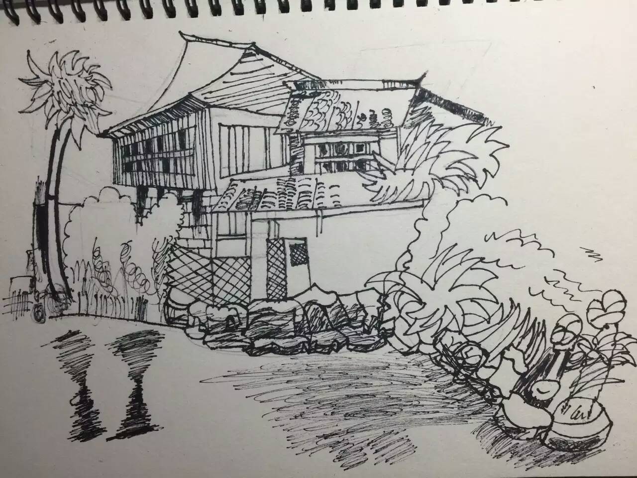 儿童素描画作品临水小屋