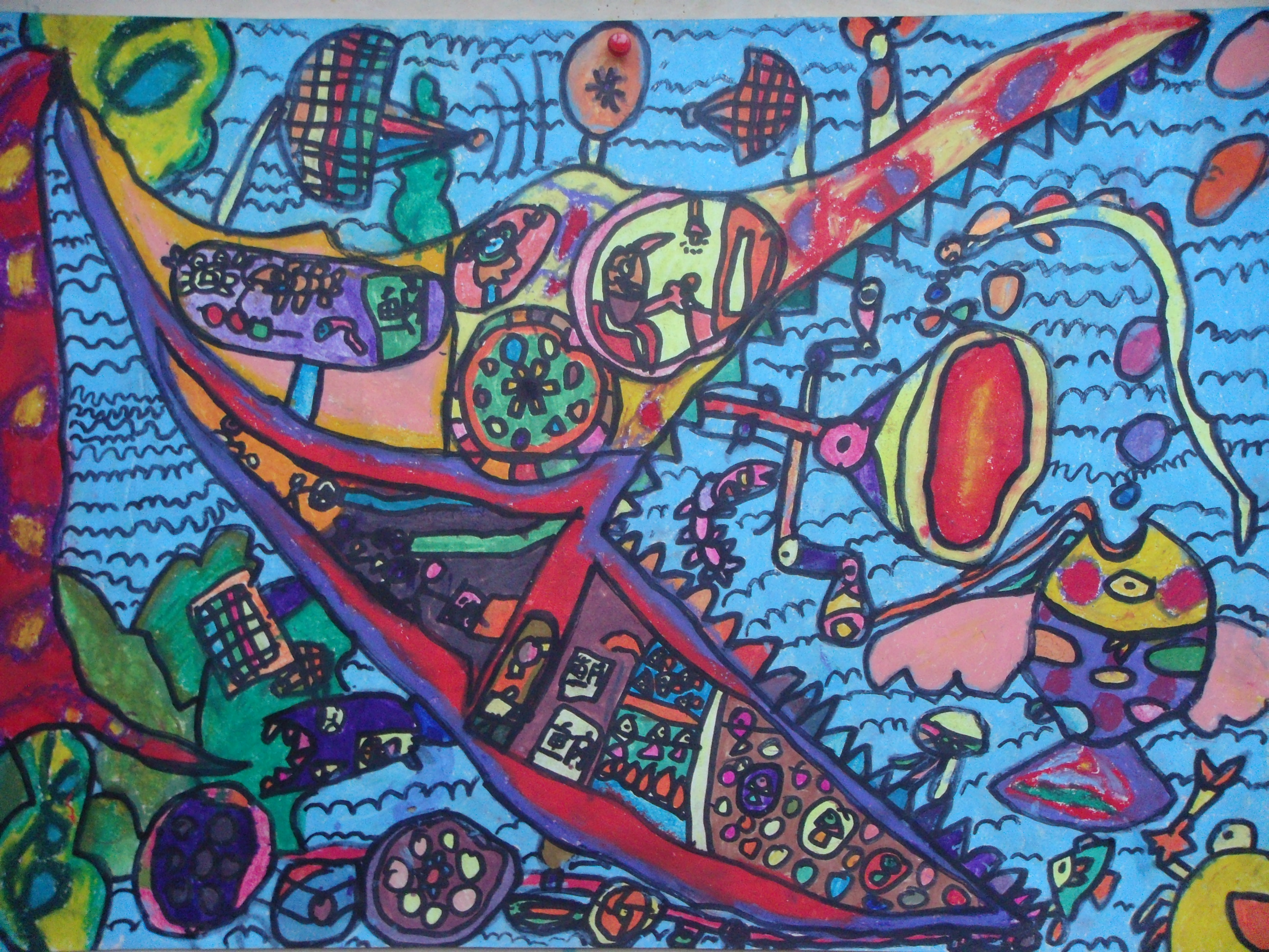儿童画作品欣赏:儿童油画棒作品电子捕鱼船