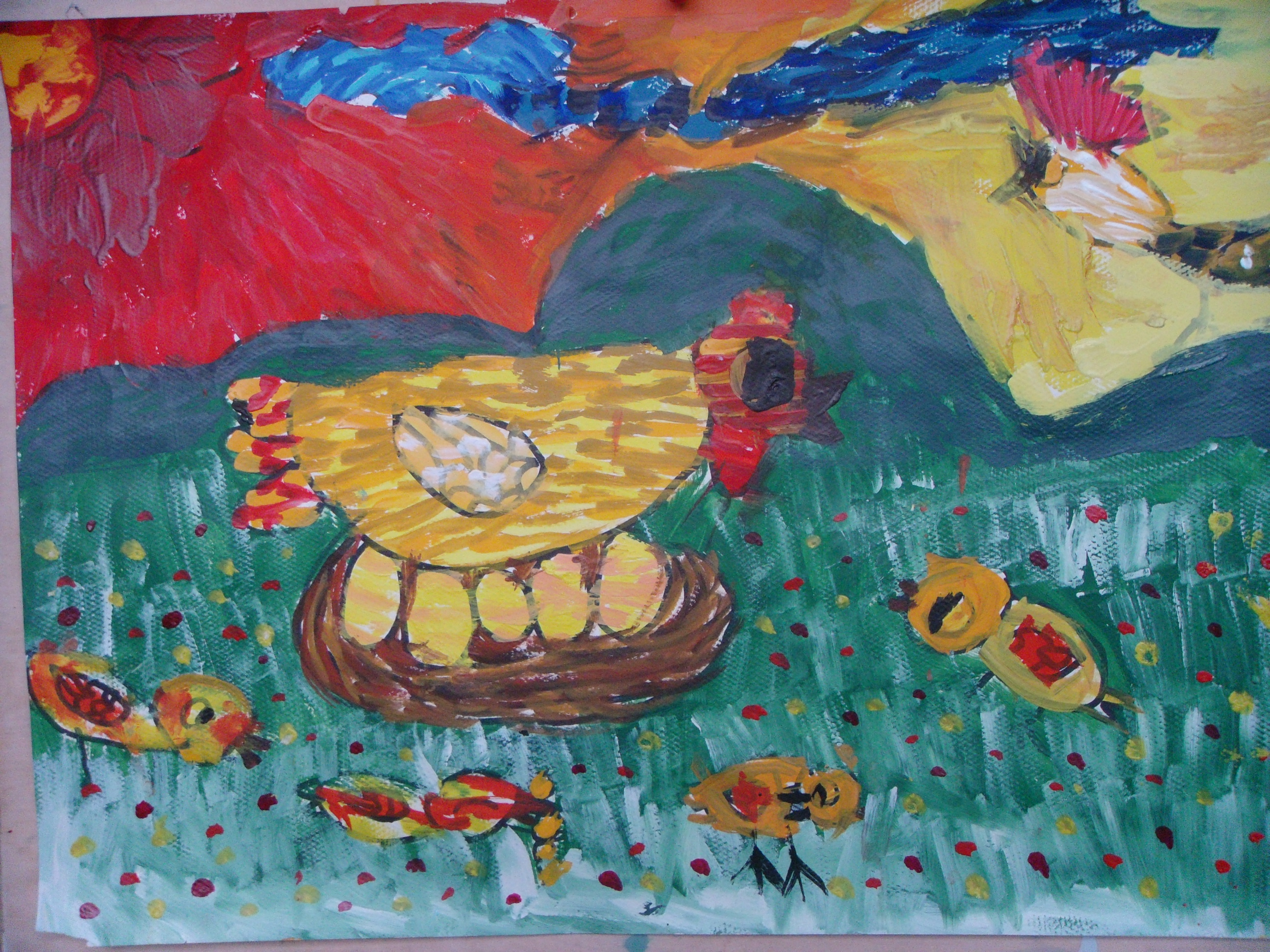 儿童画作品欣赏:太阳下的快乐鸡群