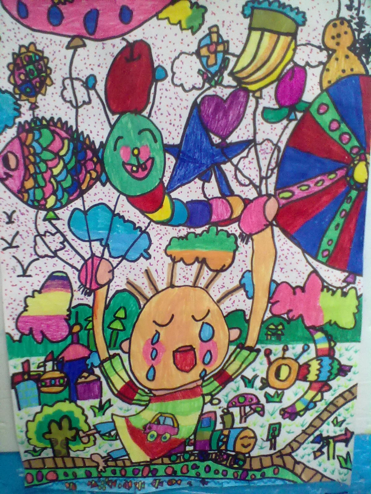 儿童画作品欣赏:被气球带上天的小孩