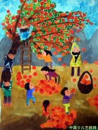 儿童绘画作品　摘柿子