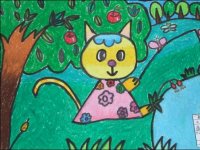 儿童油画棒作品小猫钓鱼