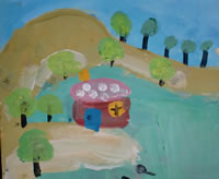 六岁路家月的绘画作品 山 池塘 房子