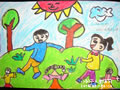 儿童绘画作品-草地上的小朋友