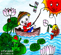 儿童画画大全:荷塘钓鱼