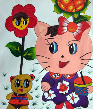 儿童水彩画作品:可爱的小花猫