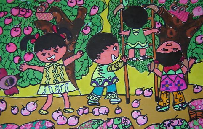儿童水彩画作品:果园摘苹果