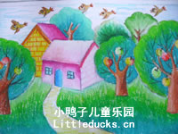 儿童油画棒画作品欣赏:山村风景