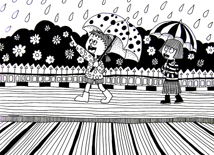 儿童线描画作品欣赏:下雨了