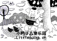 儿童线描画作品欣赏:小猪吃西瓜
