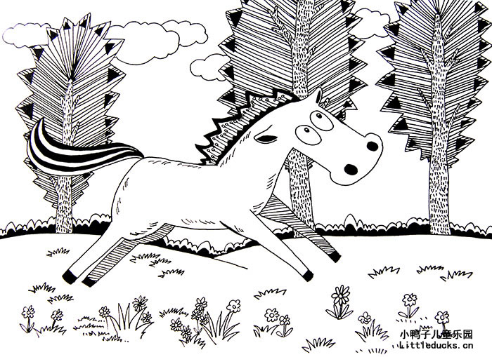 儿童线描画作品欣赏:奔跑的小马