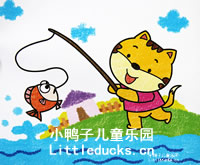 儿童油画棒画作品欣赏:小猫钓鱼