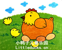 儿童油画棒画作品欣赏:母鸡孵小鸡