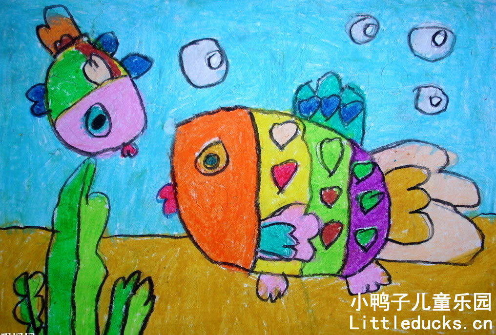 幼儿画画作品:五彩鱼吹泡泡