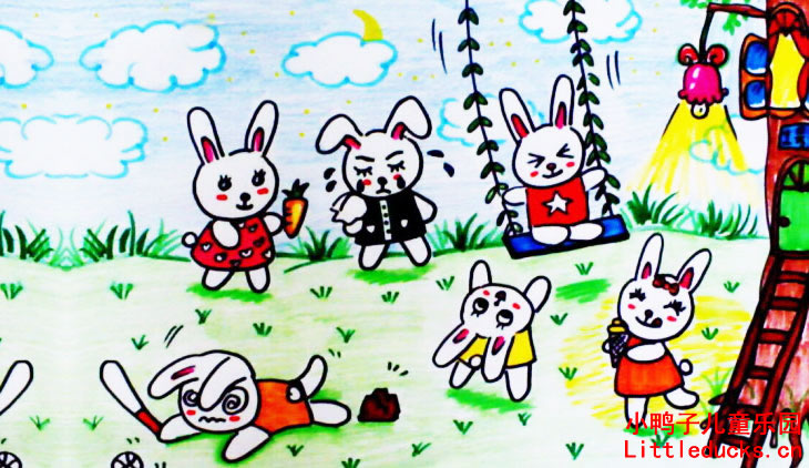儿童画画大全:水彩画快乐的小白兔们