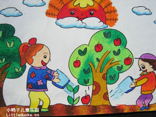 儿童画画大全:给苹果树浇水