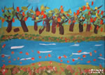 儿童水粉画作品:河边落叶