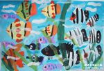 儿童水粉画作品:五彩斑斓的鱼群