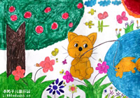 幼儿画画作品:小猫钓鱼水彩画作品