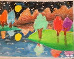 儿童水粉画作品:树在湖中的倒影