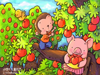 儿童水粉画作品小猴小猪摘苹果