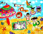 幼儿绘画作品:快乐的海滩浴场