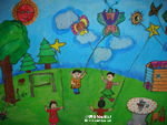 儿童画作品欣赏:水彩画放风筝