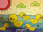 幼儿绘画作品小鸭戏水