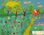 国外儿童绘画作品在农场上玩耍