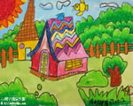 春天儿童画:彩色小房子