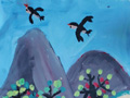 儿童画作品欣赏高山飞鸟水粉画