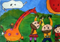 儿童画作品欣赏和长颈鹿做游戏水粉画