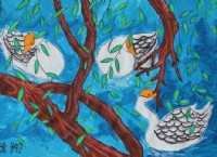 儿童画作品欣赏三只小鸭水中游水粉画
