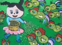 儿童画作品欣赏给小鸡喂食水粉画