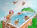 儿童画作品欣赏楼顶游泳池水粉画