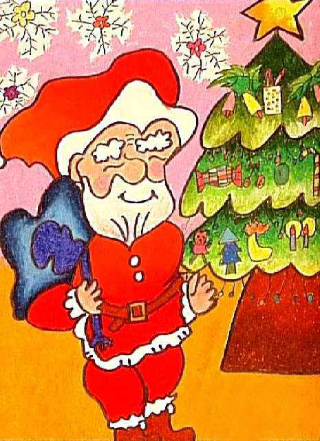 儿童画作品欣赏可爱圣诞老人和圣诞树水粉画