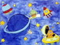 儿童画作品欣赏太空旅行水粉画