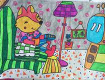 儿童绘画作品看电视的小狐狸