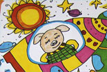 儿童绘画作品小猪的宇宙飞船儿童水彩画作品图