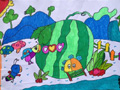 儿童绘画作品西瓜城市的旅行