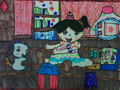 儿童绘画作品逛街的小女孩