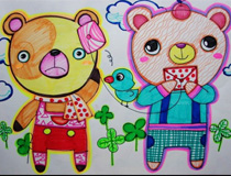 儿童绘画作品传递信件的两只小熊