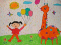 儿童绘画作品我和长颈鹿玩气球