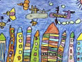 儿童绘画作品《太空中的城市》