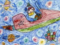 儿童绘画作品《飞向太空》