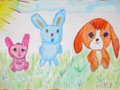 儿童绘画作品小白兔与小狗狗