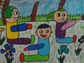 儿童绘画作品在草丛上做游戏